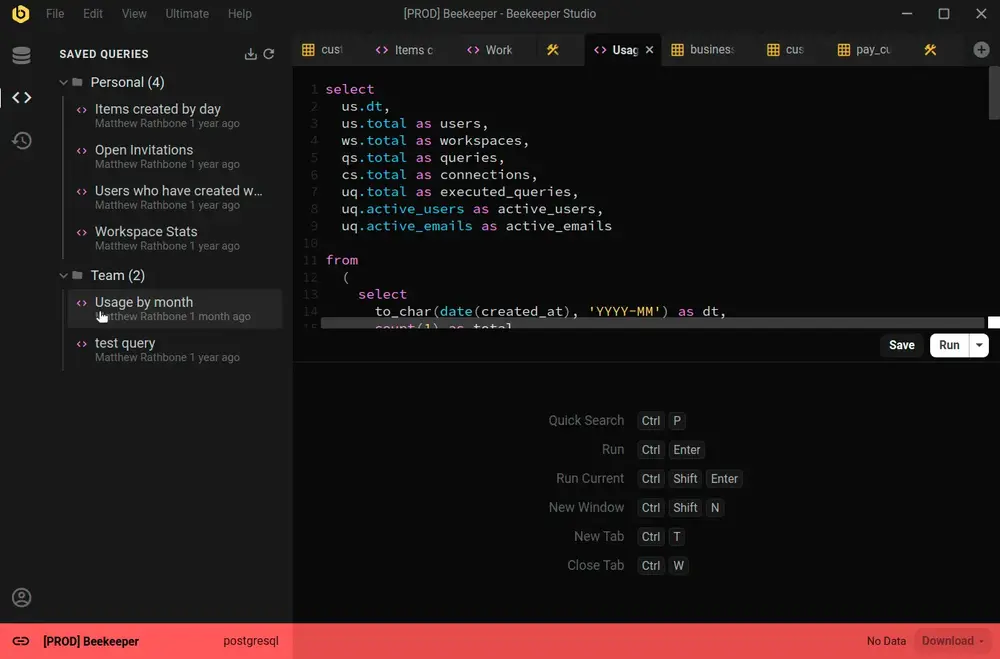 Beekeeper Studio connected to a production database, color coded red, with personal and team saved queries