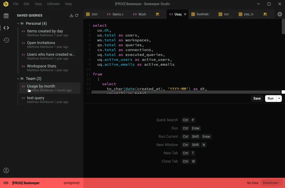 Beekeeper Studio verbunden mit einer rot markierten Produktionsdatenbank, mit persönlichen und Team-Abfragen