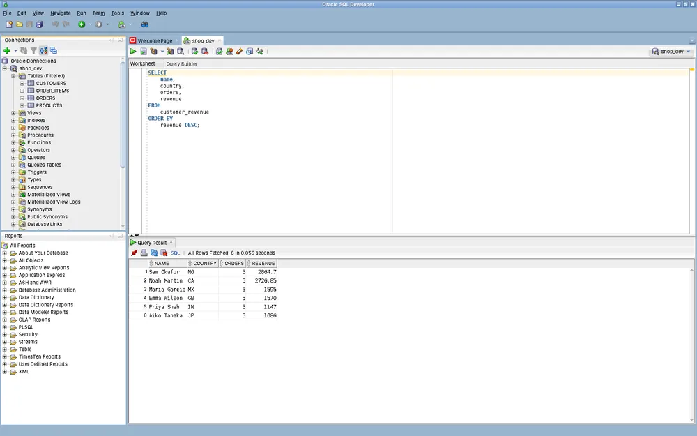 Oracle SQL Developer 26.2 con l'albero delle connessioni, una query formattata nel worksheet e la griglia dei risultati