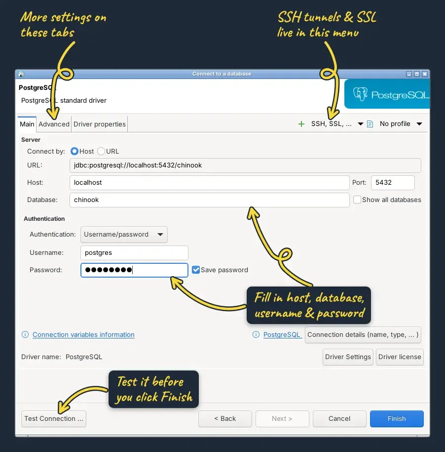 Pengaturan koneksi PostgreSQL di DBeaver dengan panah yang menunjuk ke tab Advanced dan Driver properties, menu SSH dan SSL, kolom host dan database, kolom password, serta tombol Test Connection