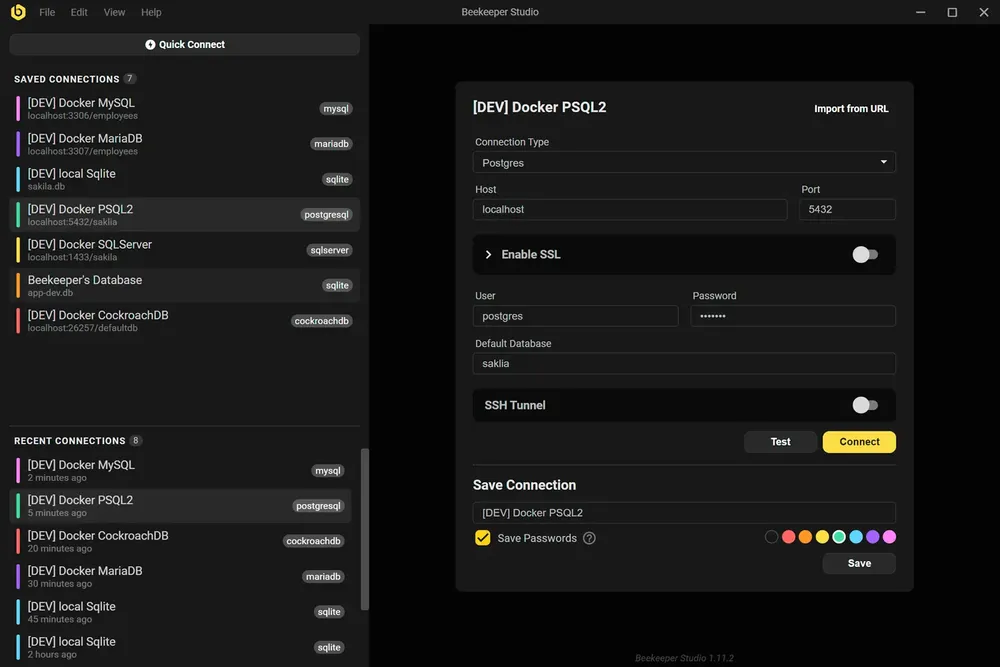New database connection screen, dark theme