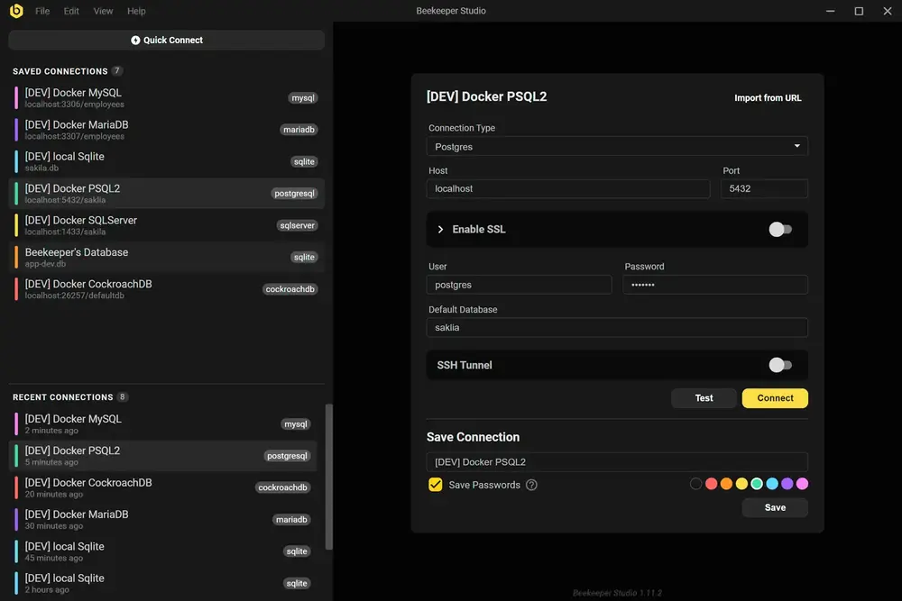 New database connection screen, dark theme
