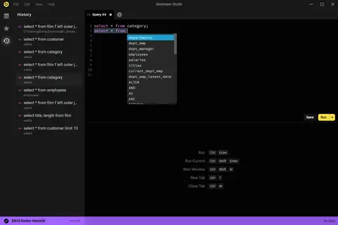 Query history and saved queries, dark theme
