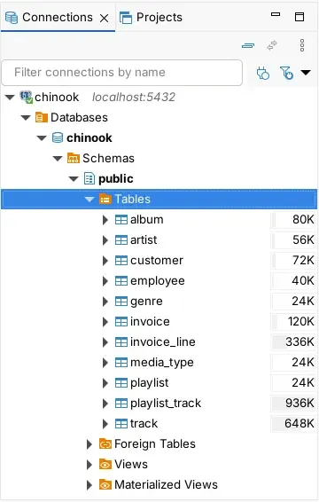 Panel Connections di DBeaver dengan koneksi chinook yang dibuka enam level, melalui Databases, chinook, Schemas, dan public, hingga daftar tabel beserta ukurannya