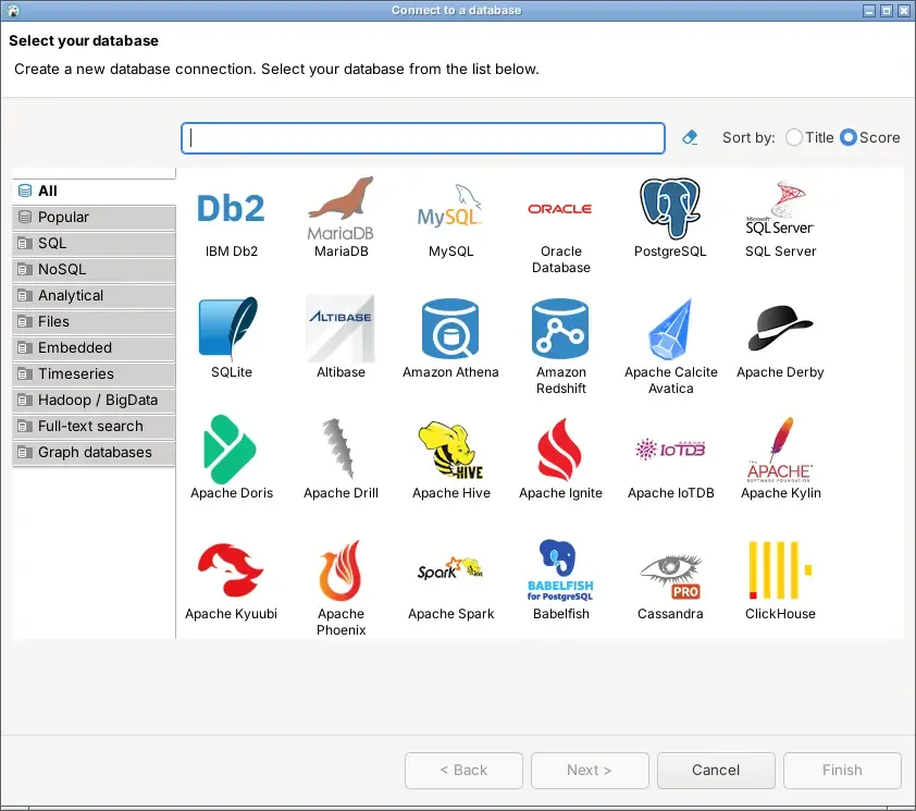 Dialog Connect to a database di DBeaver yang menampilkan deretan logo database termasuk Db2, MariaDB, MySQL, Oracle, PostgreSQL, SQL Server, dan SQLite