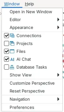 Menu Window DBeaver dengan Connections, Projects, Files, AI Chat, dan Database Tasks, serta Reset Perspective