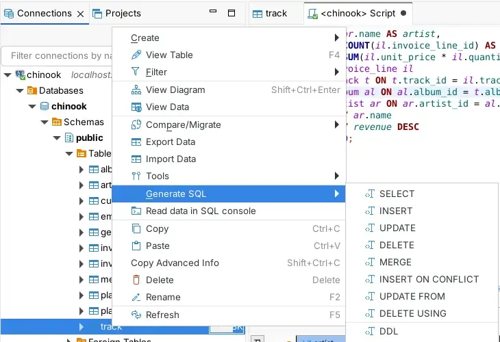 Menu klik kanan DBeaver untuk sebuah tabel dengan submenu Generate SQL terbuka, berisi SELECT, INSERT, UPDATE, DELETE, MERGE, INSERT ON CONFLICT, UPDATE FROM, DELETE USING, dan DDL