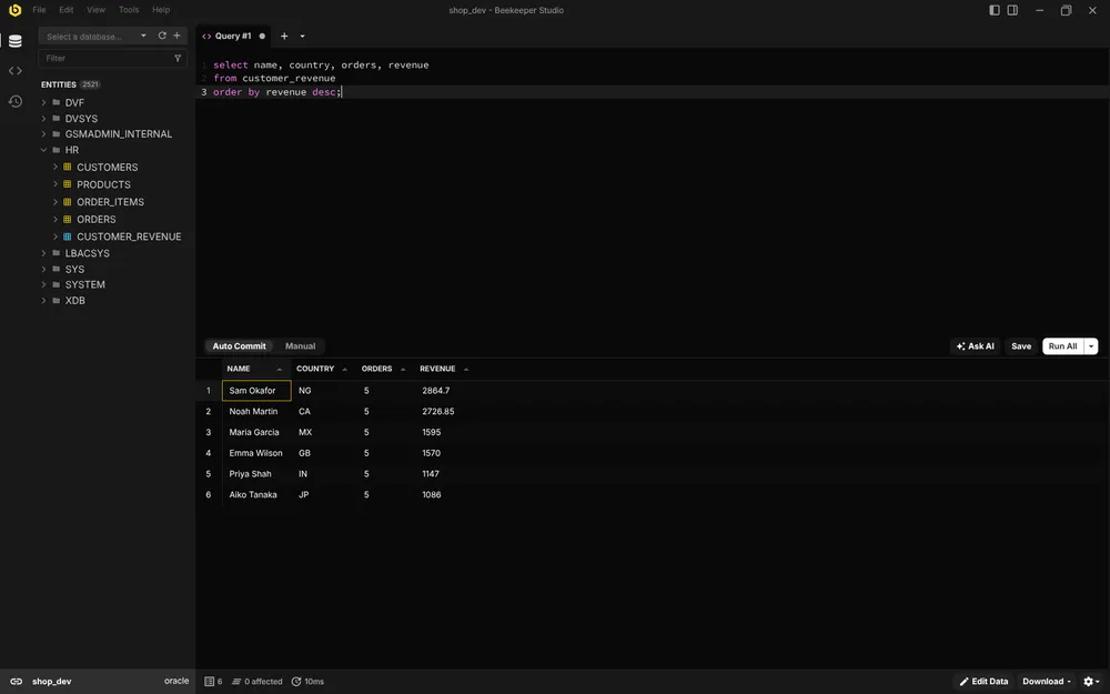 Beekeeper Studio connesso a un database Oracle, con una query e i suoi risultati