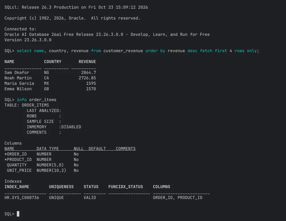 SQLcl 26.3 in un terminale, mentre esegue una query e il comando info su una tabella Oracle