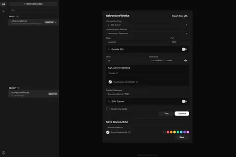 The SQL Server connection form in Beekeeper Studio