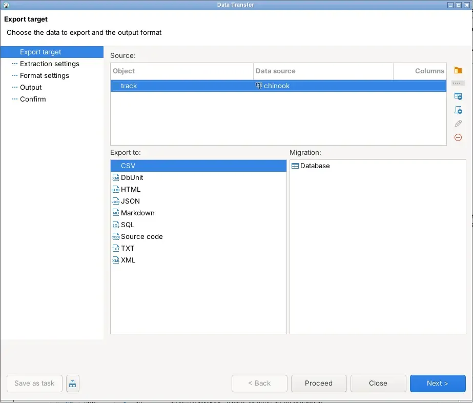 Wizard Data Transfer DBeaver pada langkah Export target, berisi CSV, DbUnit, HTML, JSON, Markdown, SQL, Source code, TXT, dan XML