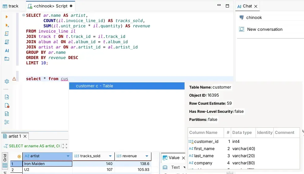 Autocomplete SQL editor DBeaver yang menyarankan tabel customer, dengan panel yang menampilkan estimasi jumlah baris dan kolomnya