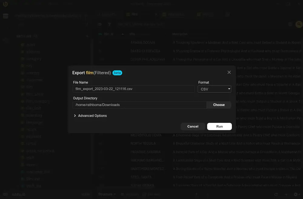 Go from database to Excel (or JSON) in seconds.
