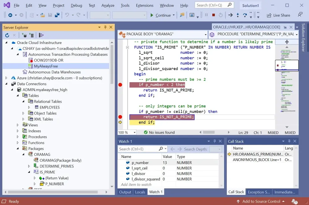 Oracle Developer Tools for Visual Studio durante il debug di un package PL/SQL, con Server Explorer, breakpoint, una finestra Watch e lo stack delle chiamate