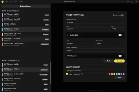 New database connection screen, dark theme