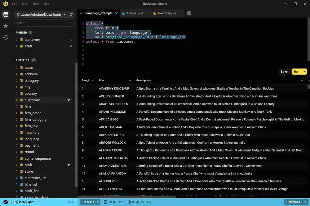 Beekeeper Studio SQL editor and query results, dark theme