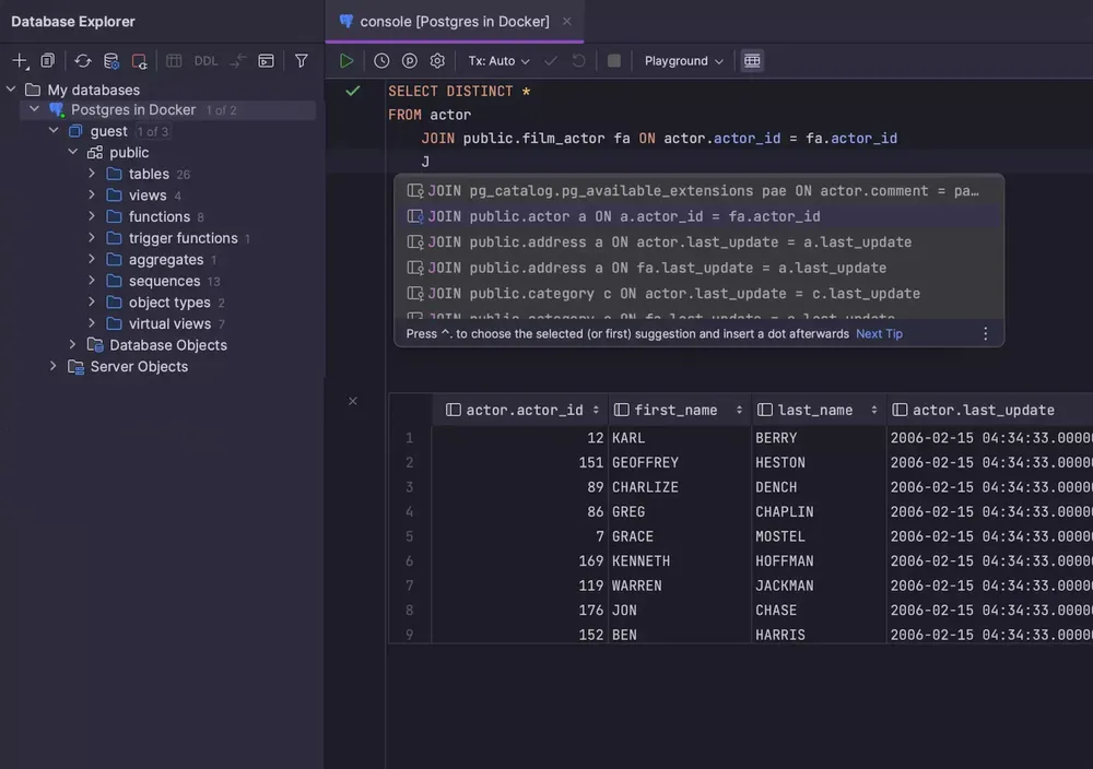 La console SQL di DataGrip con suggerimenti di join e una griglia dei risultati