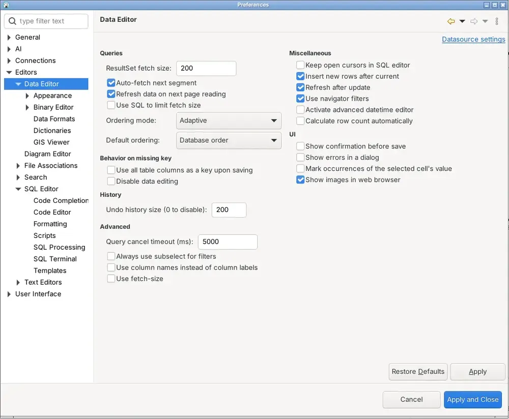 Jendela Preferences DBeaver di halaman Data Editor, dengan ResultSet fetch size diatur ke 200 dan bagian Editors dibuka untuk menampilkan Data Editor, Diagram Editor, File Associations, Search, SQL Editor, dan Text Editors beserta sub-halamannya
