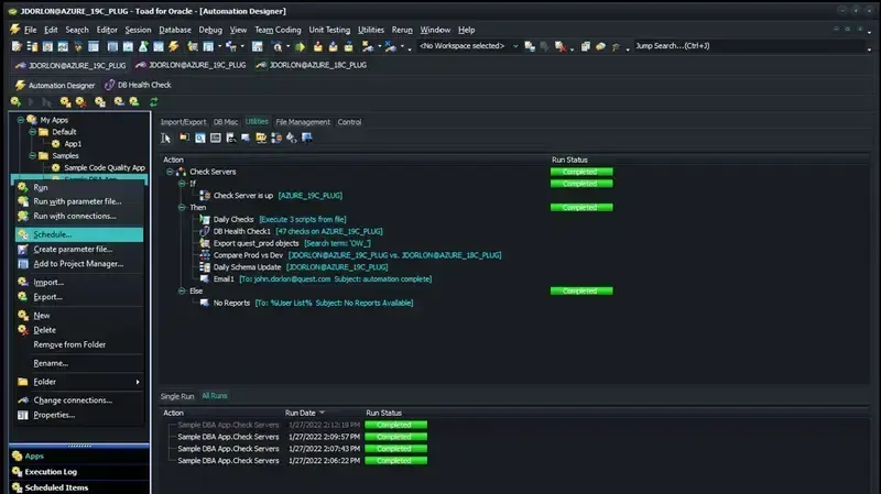L'Automation Designer di Toad for Oracle, con un workflow di controlli automatizzato e la cronologia delle esecuzioni