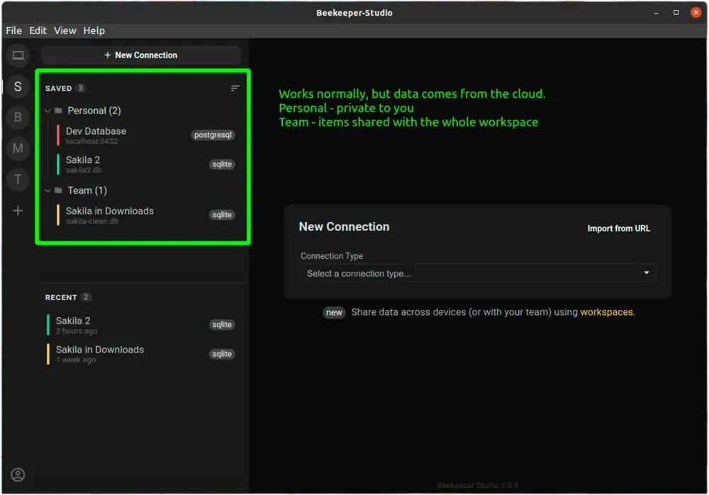 Connections in a team workspace
