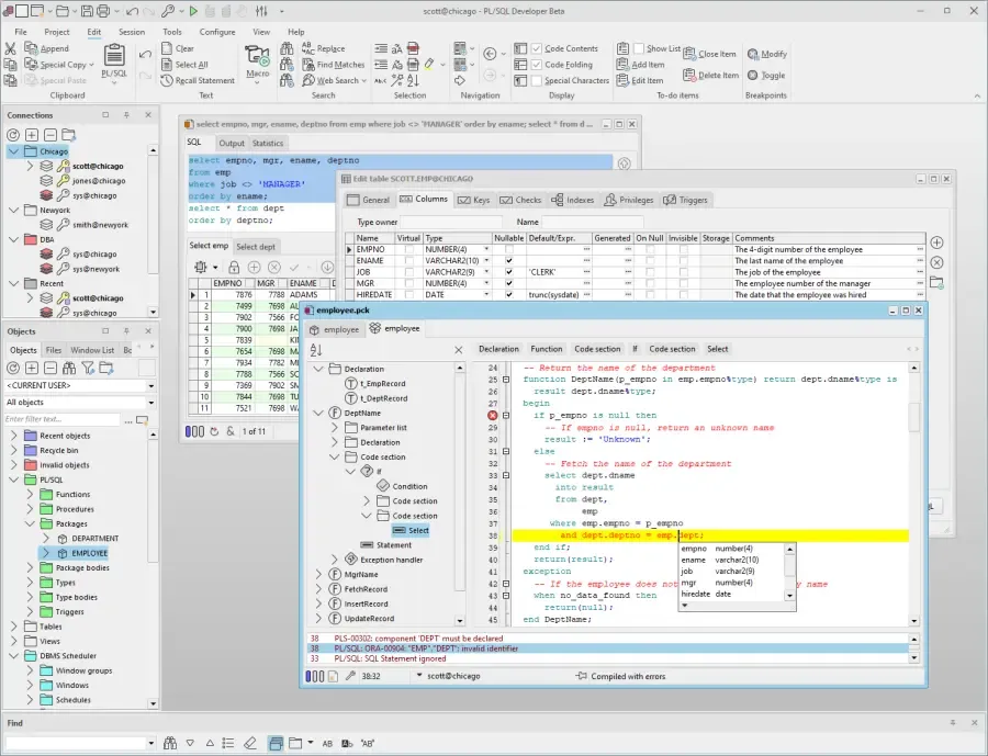 PL/SQL Developer con l'object browser, una finestra SQL con risultati, un editor di tabelle e un editor di package con completamento del codice