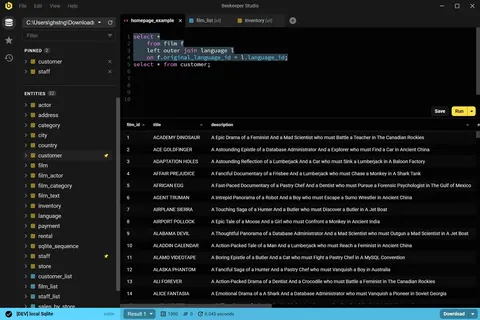 SQL-Editor und Abfrageergebnisse in Beekeeper Studio, dunkles Theme