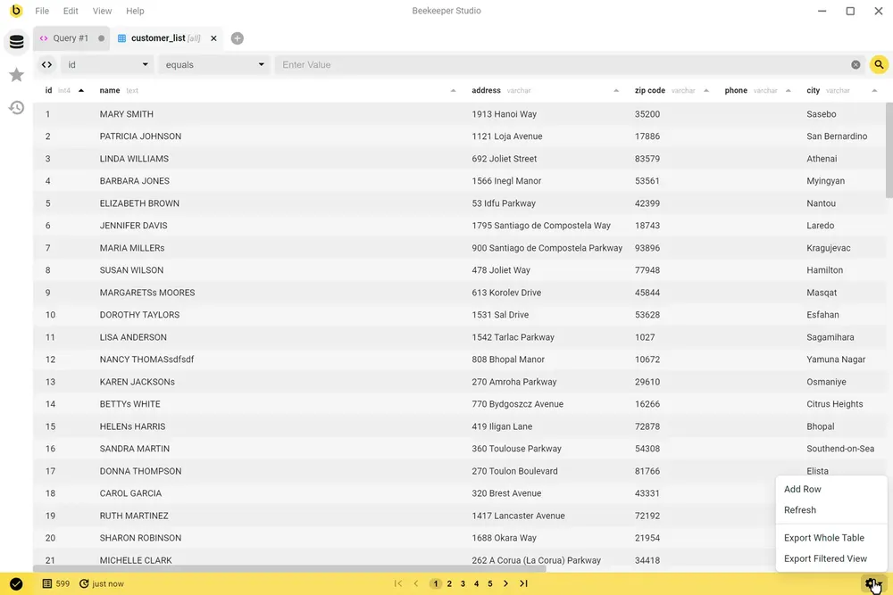 Query history and saved queries, light theme