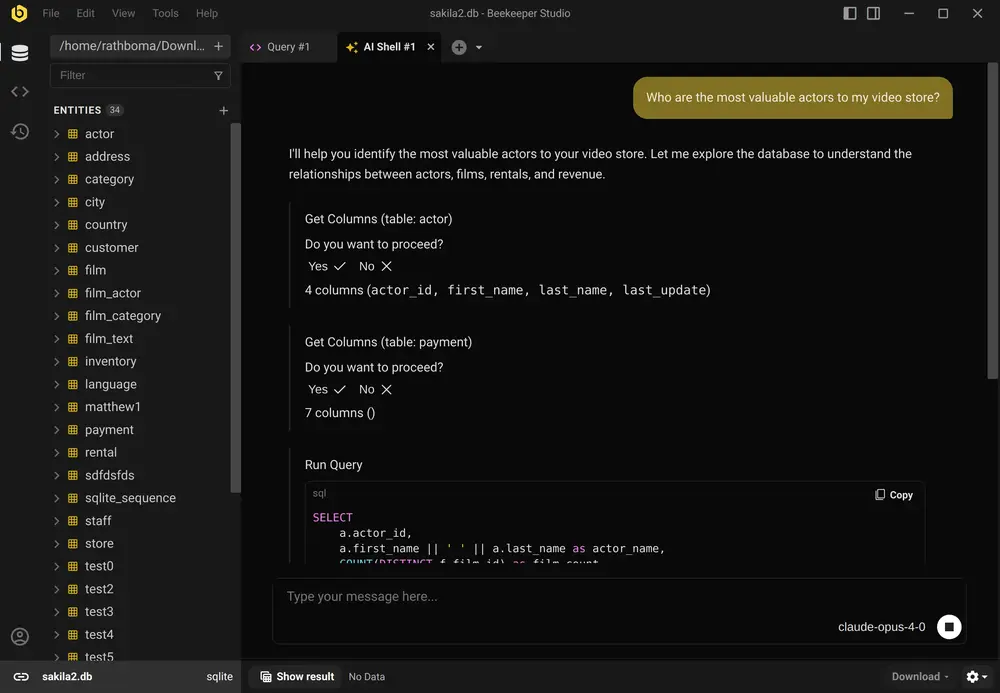 AI Shell writing and running a SQL query in Beekeeper Studio