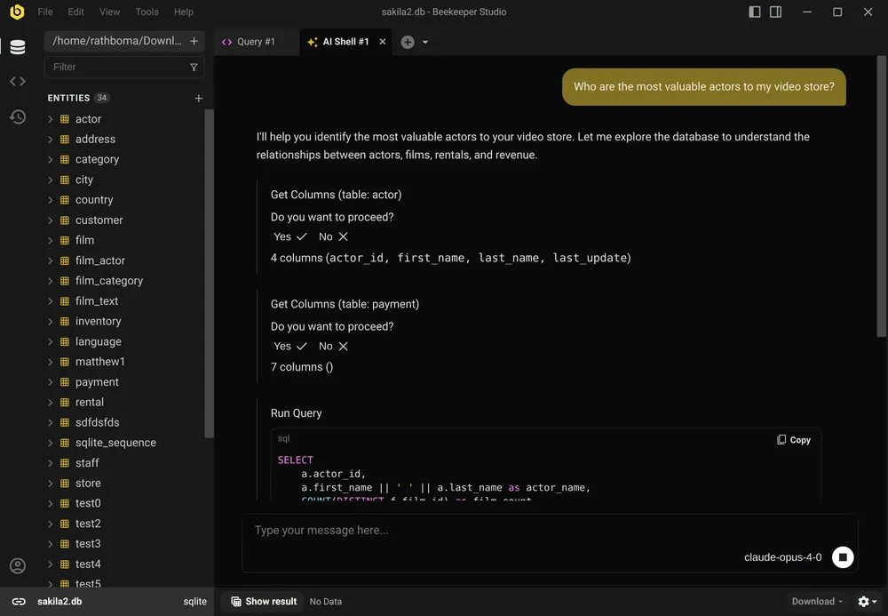 AI Shell writing and running a SQL query in Beekeeper Studio