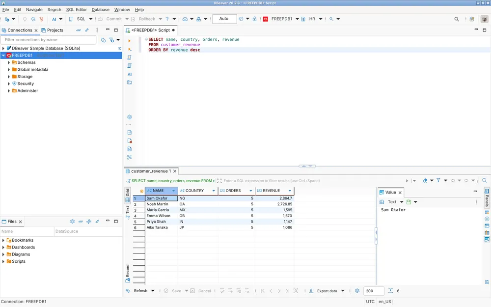 DBeaver Community connesso a Oracle, con uno script SQL, la griglia dei risultati e il pannello dei valori