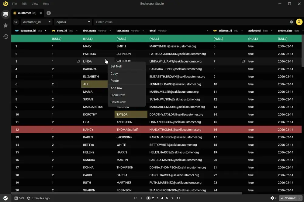 Browsing and editing table data, dark theme