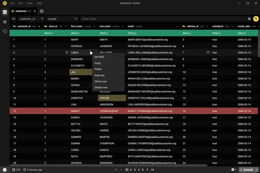 Browsing and editing table data, dark theme