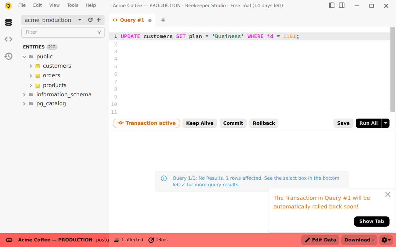 Beekeeper Studio auto rollback of transactions after 10 minutes
