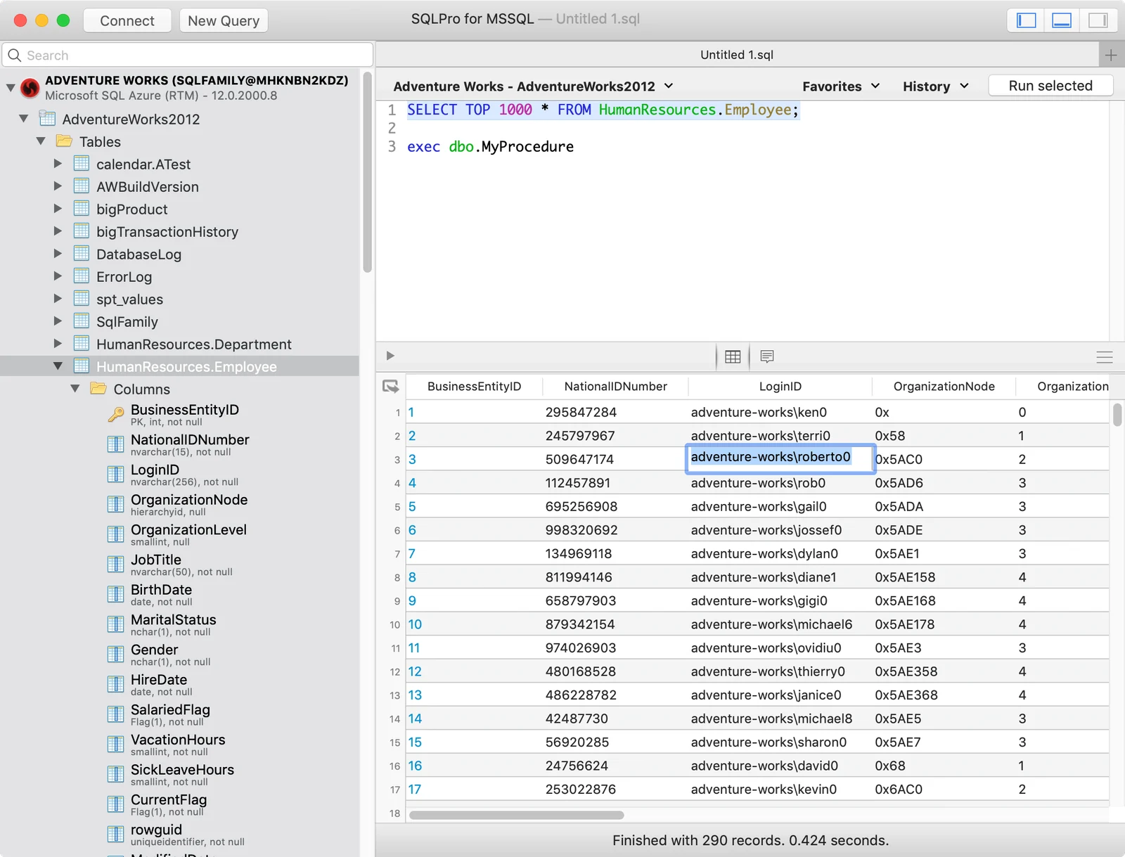 SQLPro for MSSQL running a query on a Mac