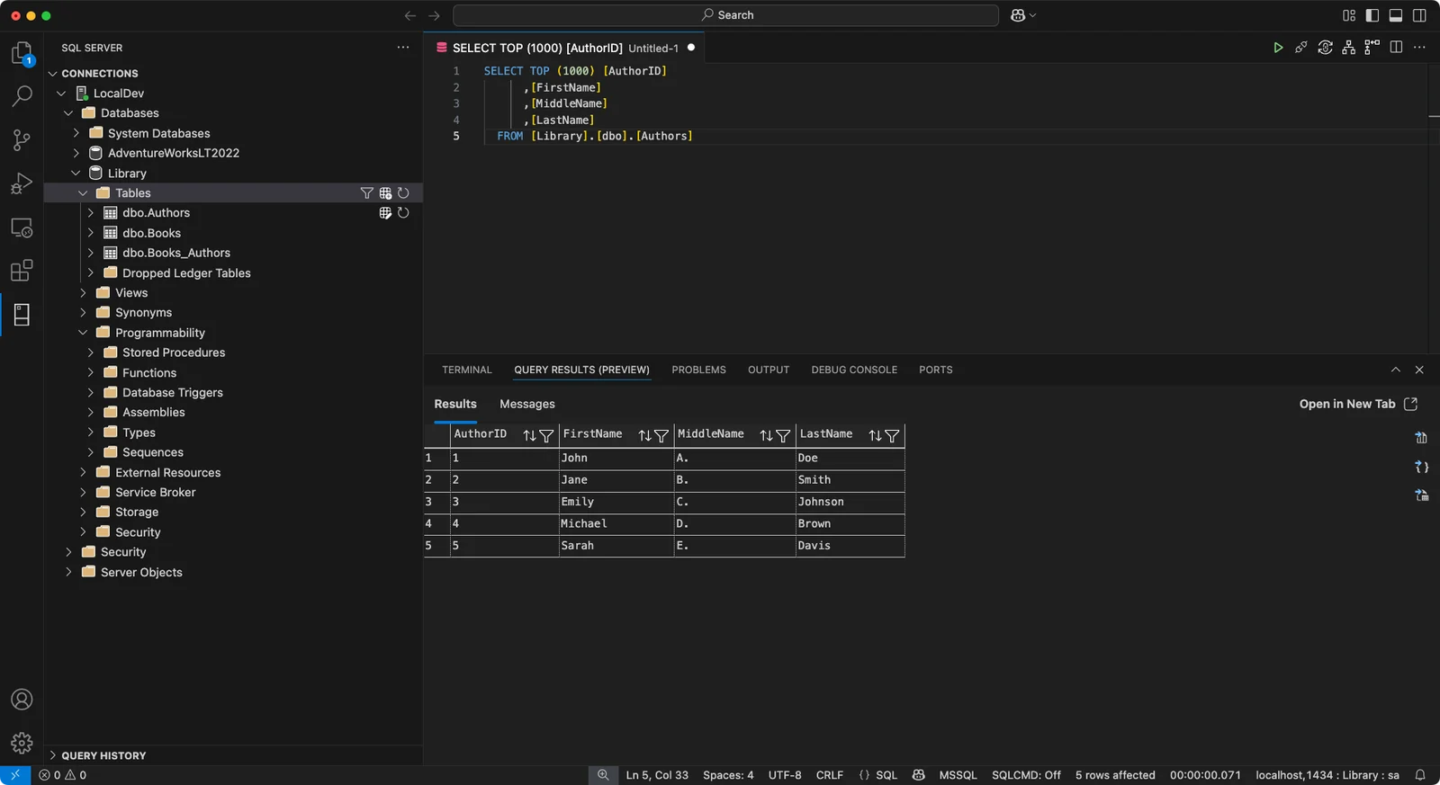 The MSSQL extension for VSCode running a query against SQL Server on a Mac