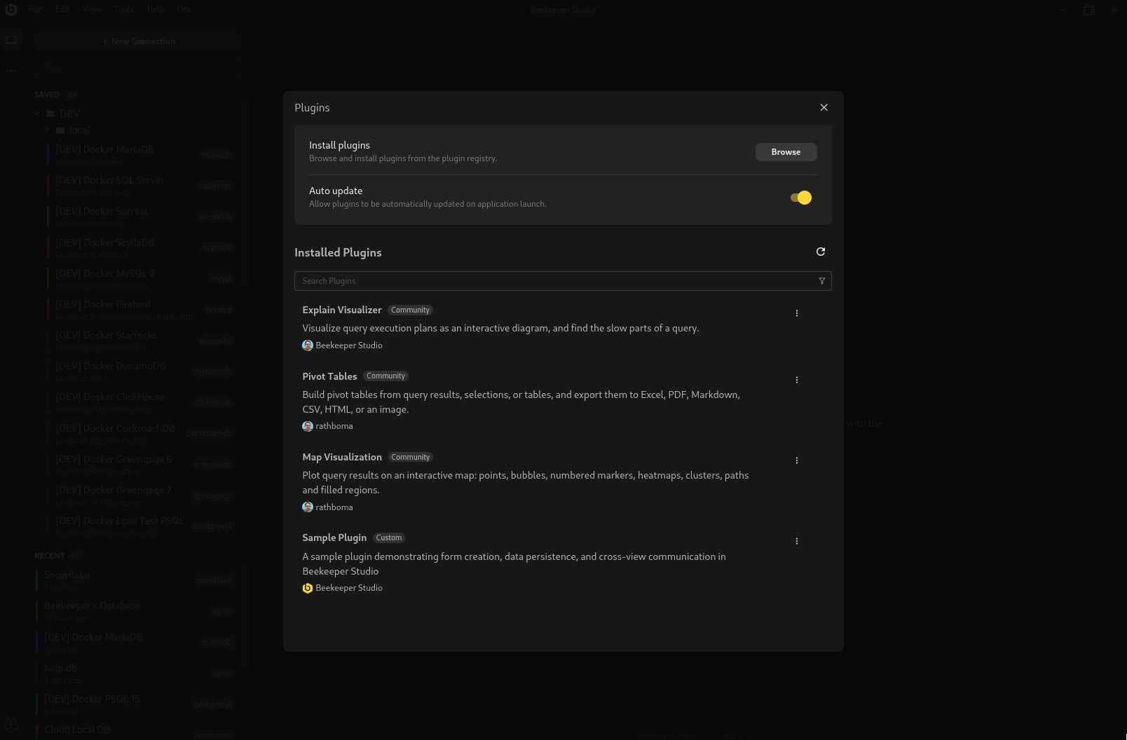 L’écran de gestion des plugins dans Beekeeper Studio