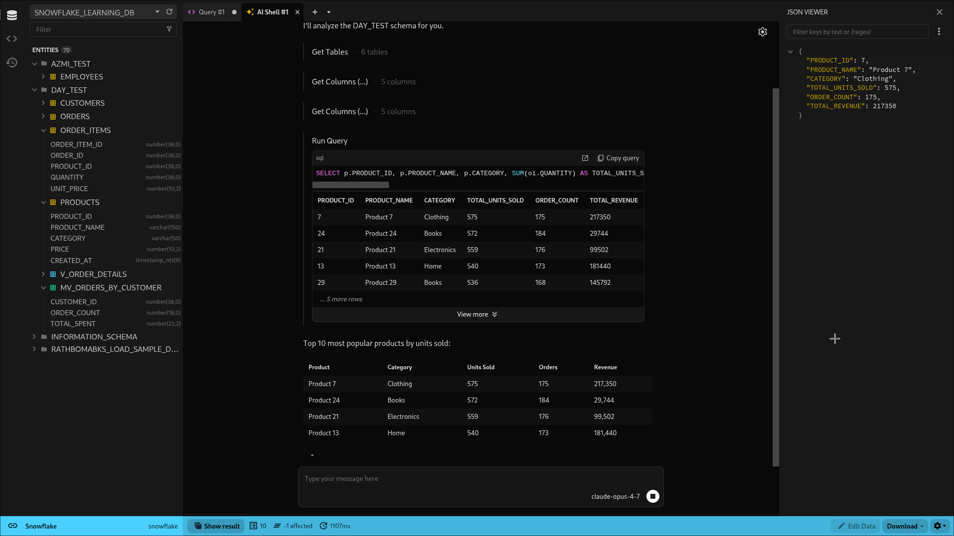 Beekeeper Studio AI Shell showing a completed query result table alongside a plain-English summary of the findings