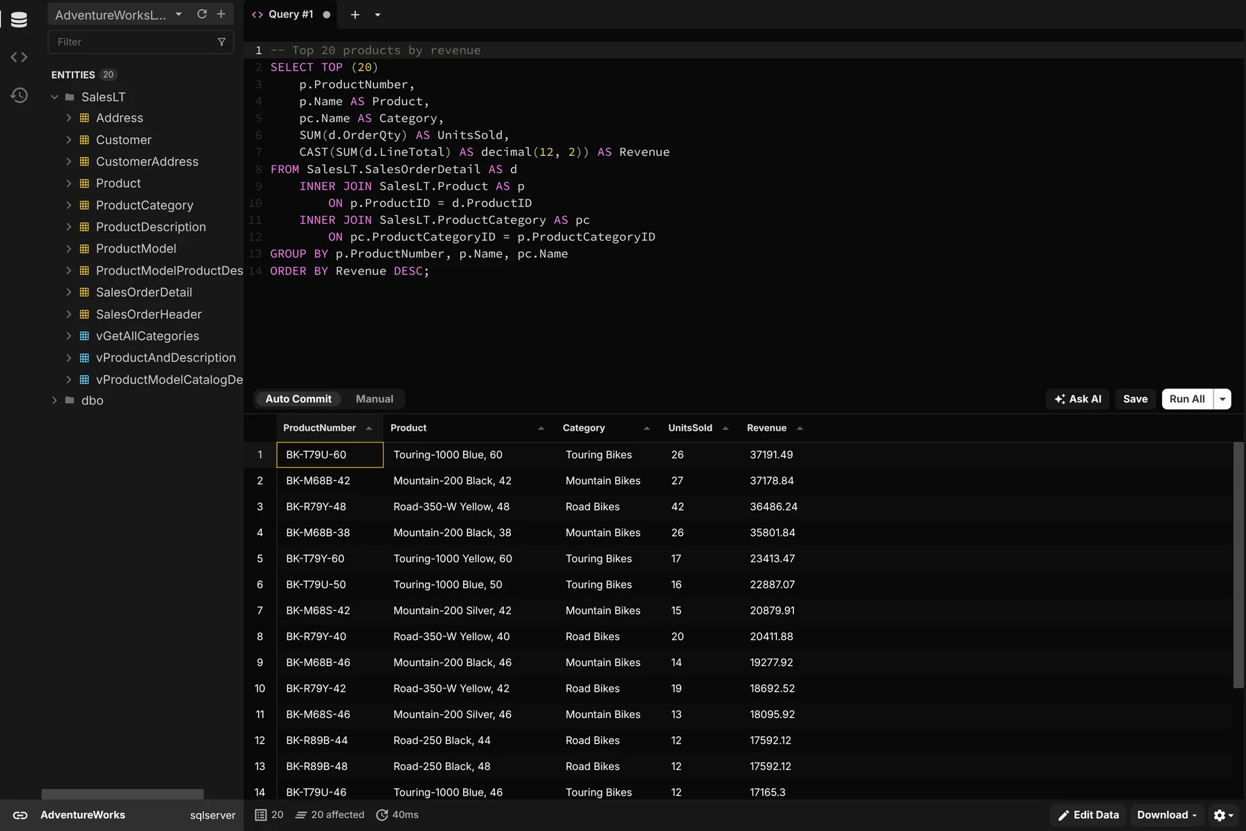 Beekeeper Studio running a T-SQL query against SQL Server, an SSMS alternative for Mac