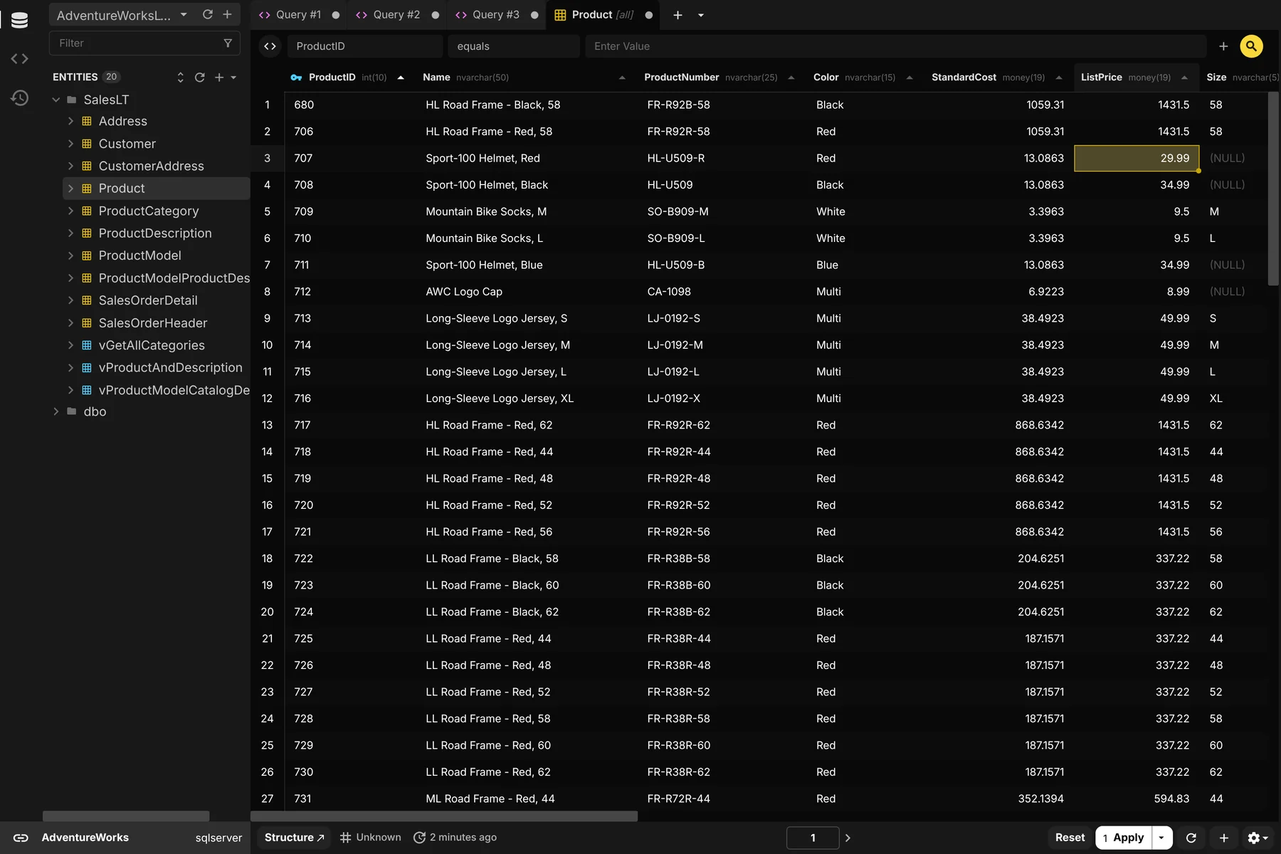 Editing SQL Server table data in Beekeeper Studio's spreadsheet view