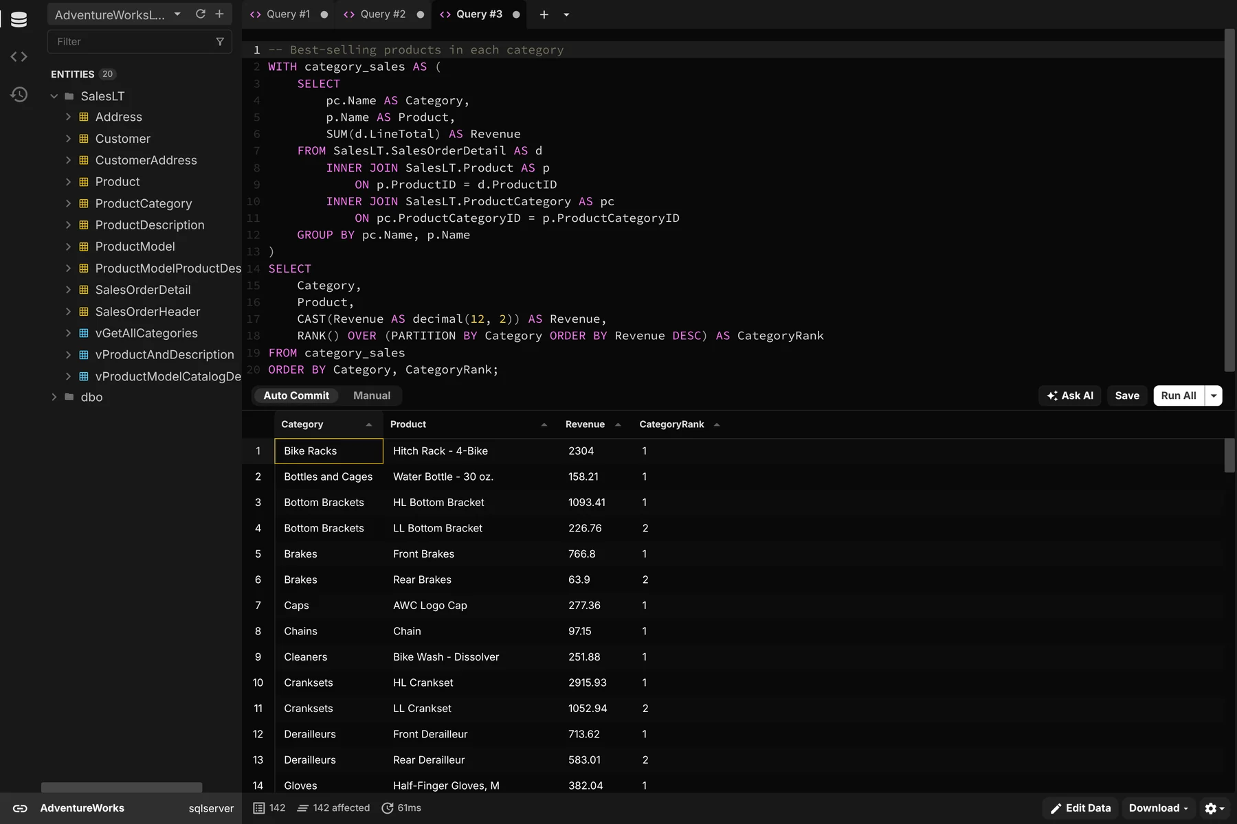 Beekeeper Studio, an Azure Data Studio alternative, running a T-SQL query against SQL Server